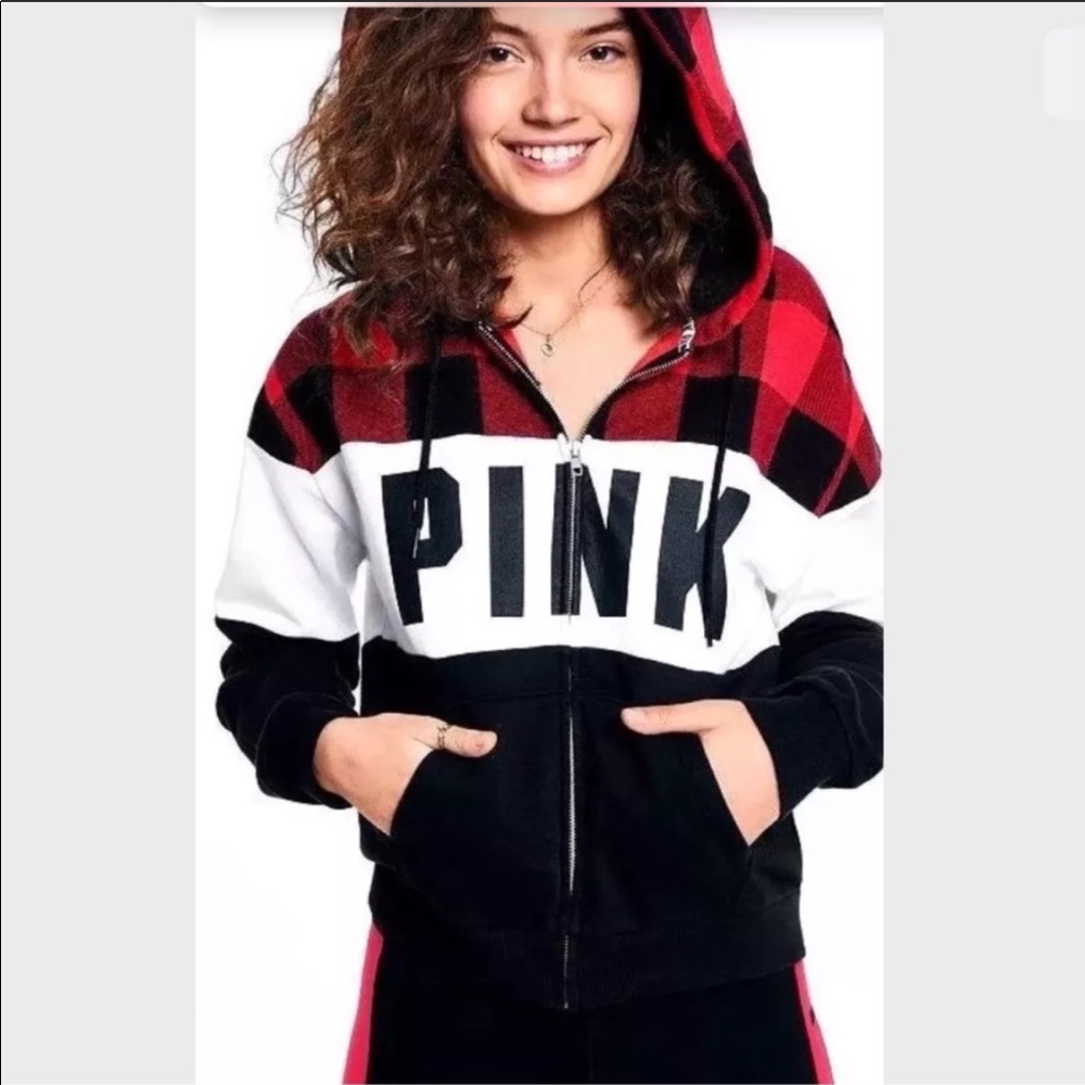 VS PINK Buffalo Check Sherpa Hoodie Full Zip